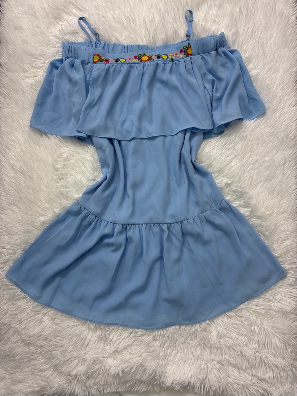 Gianni Bini Light Blue Off-Shoulder Ruffle Dress with Floral Trim